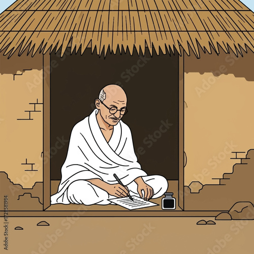 Mahatma Gandhi, a bald man in a white dhoti, sits cross-legged inside a rustic hut with a thatched roof, writing on paper with a pen and inkwell.
