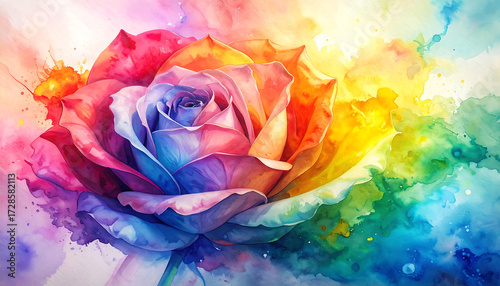 Rainbow rose watercolor blossom with vibrant petals and dreamy light, colorful floral painting evoking joy and wonder