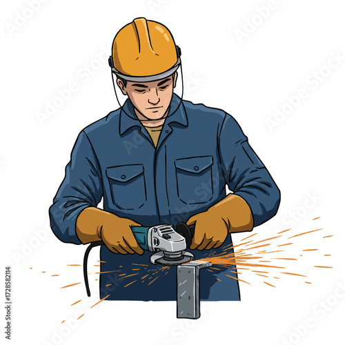 Professional Metalworker Operating Angle Grinder with Sparks in Workshop