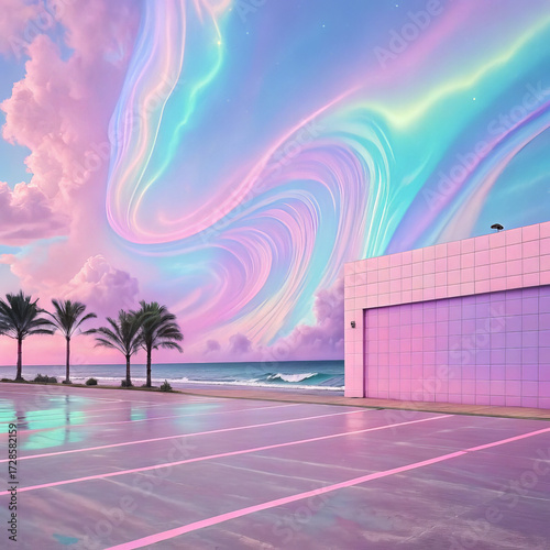 Fantasy landscape with palm trees, path and rainbow. 3d render