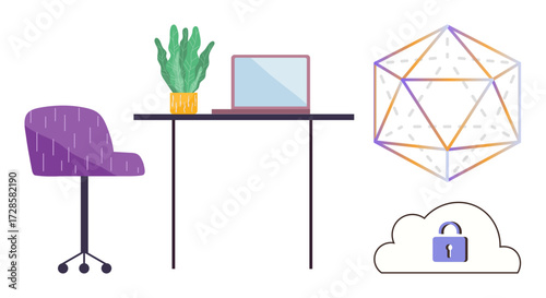 Desk with laptop, plant, and chair beside a geometric shape and cloud with lock icon. Ideal for work, security, connection, technology, innovation, creativity organization simple flat metaphor