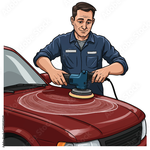 Man Polishing Car Hood with Orbital Buffer
