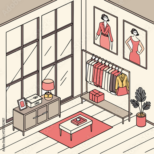 Isometric view of a stylish room with clothing rack, furniture, and artwork
