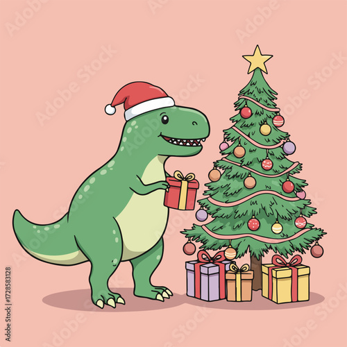 A cartoon Tyrannosaurus Rex wearing a Santa hat places a wrapped gift under a decorated Christmas tree with a star on top.