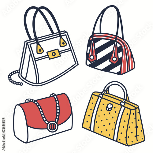 Illustration of four fashionable handbags