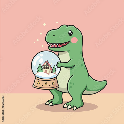 A charming cartoon Tyrannosaurus Rex dinosaur joyfully holds a snow globe featuring a cozy house and winter scene, set against a soft pink background with sparkling accents.