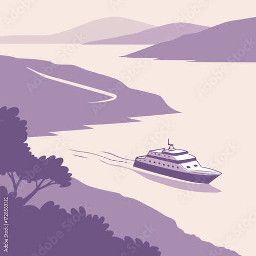 Illustration of a cruise ship sailing through a fjord on a sunny day