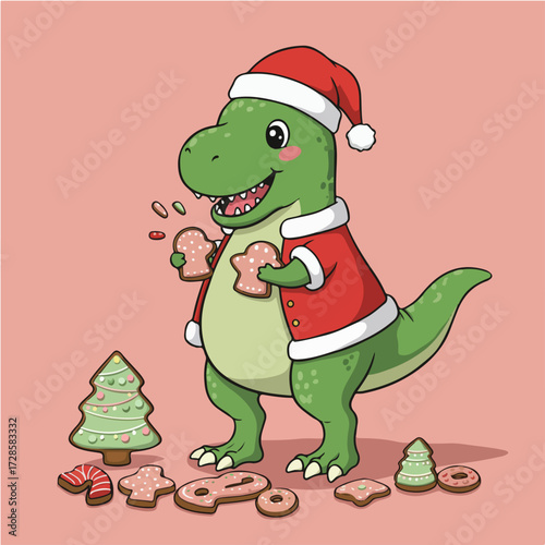 A cheerful cartoon Tyrannosaurus Rex wearing a Santa hat and coat, happily holding and eating gingerbread cookies next to a decorated Christmas tree.