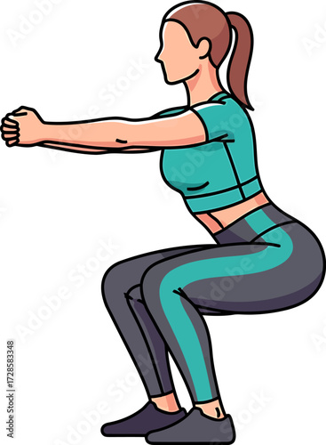 Woman performing a squat exercise, demonstrating proper form for a fitness workout and healthy lifestyle