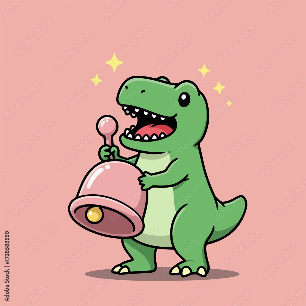 Obraz premium Cheerful cartoon dinosaur with green skin, holding a pink bell, and shining stars.