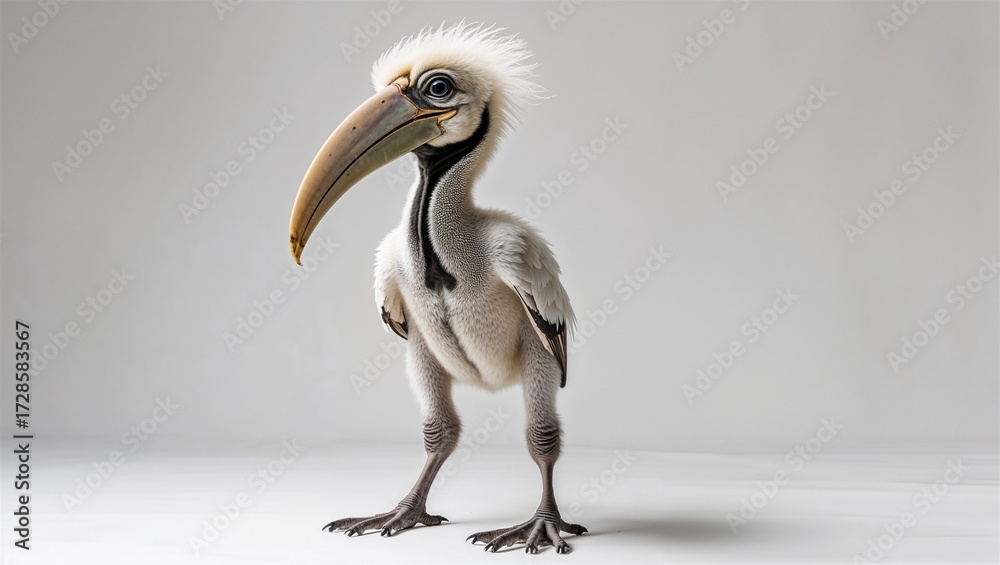 Fototapeta premium Full-body hornbill chick in standing pose with oversized beak and sparse feathers, on white