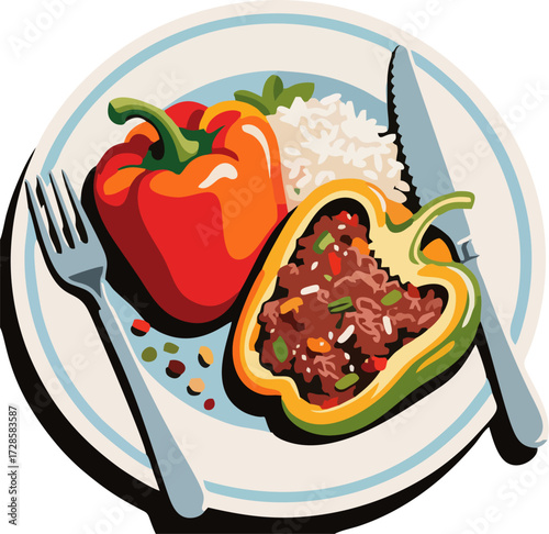 Vector Illustration of Stuffed Bell Pepper and Rice on Plate with Cutlery