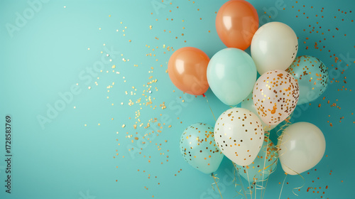 Elegant Balloon Flat Lay in Soft Earth Tones with Golden Confetti on Powder Blue Background