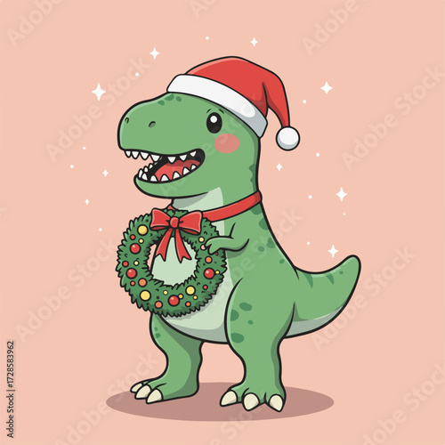 A cute green cartoon T-Rex dinosaur wearing a Santa hat smiles while holding a festive Christmas wreath.