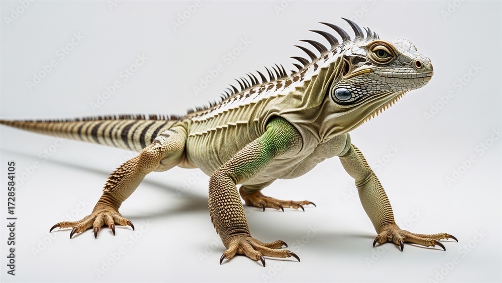 Obraz premium Full-body iguana juvenile in crawling stance, long tail and limbs shown, white background