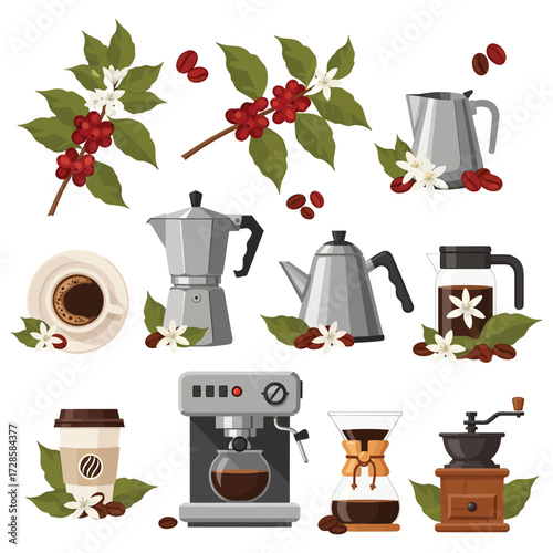 Brewing perfection with coffee beans, plants, and modern brewing machines for a stimulating morning ritual.