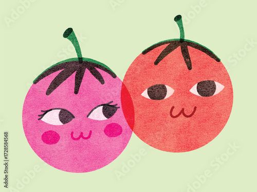 Vibrant Cheeky Tomatoes with Eyes Riso Print Style