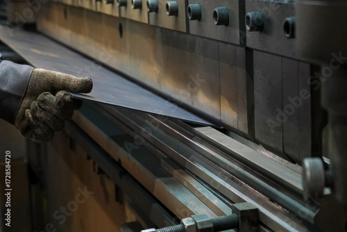 Fotografija Factory worker bending metal sheet using press brake machine in workshop