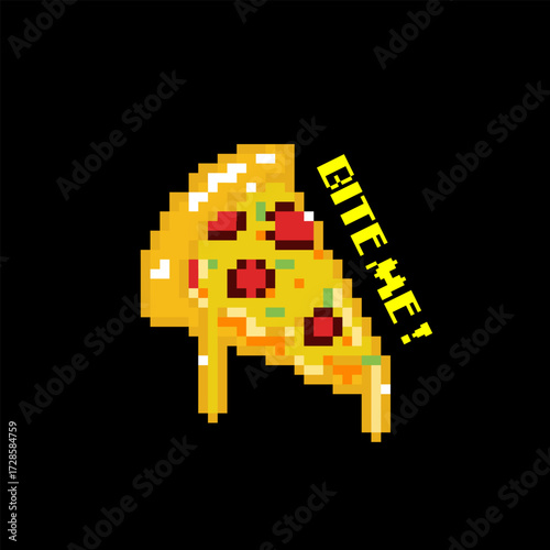 Pixel Art Pizza Slice with Bite Me Text Vector Illustration Cartoon Design