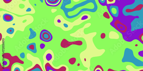 Energetic Abstract Organic Shapes Pattern in Bright Green with Purple Pink and Yellow Liquid Flowing Background Design