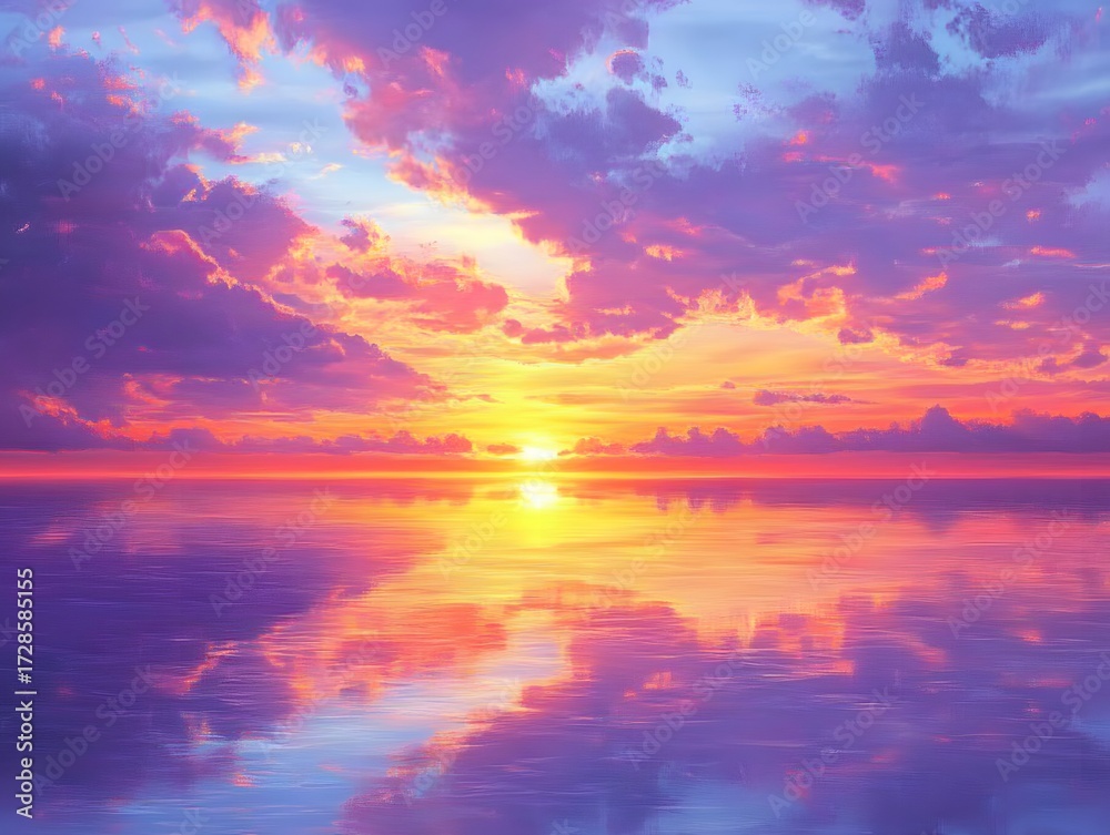 Fototapeta premium Vibrant Sunset Over Calm Ocean Water Reflections