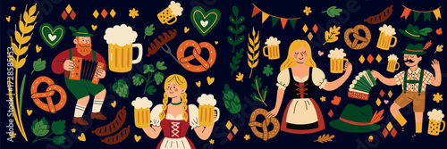 Vintage Oktoberfest Illustrations – Retro German Festival with Beer, Pretzels, Costumes, and Bavarian Traditions