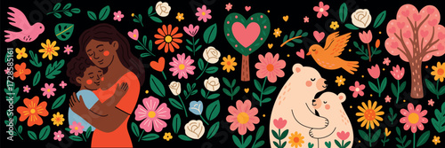 Mother’s Day Illustrations – Retro Holiday Icons of Mom and Child, Flowers, and Family Love in Vintage Style