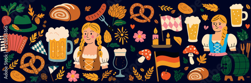 Vintage Oktoberfest Illustrations – Retro German Festival with Beer, Pretzels, Costumes, and Bavarian Traditions