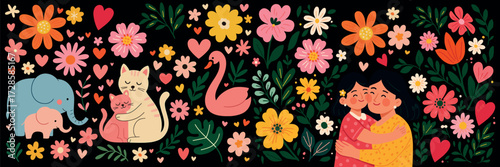 Mother’s Day Illustrations – Retro Holiday Icons of Mom and Child, Flowers, and Family Love in Vintage Style