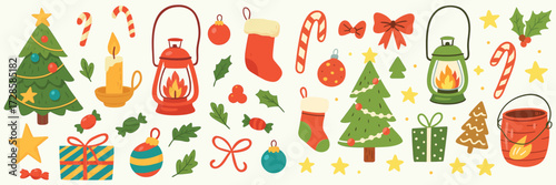 Animals and celebrateVintage Christmas Holiday Illustrations – Retro Icons of Trees, Gifts, Candy Canes, Lanterns, and Winter Celebration