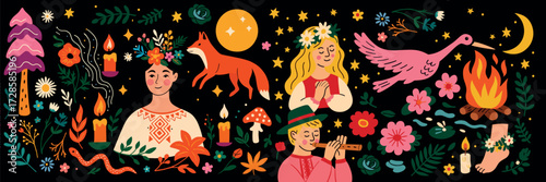 Kupala Night Illustrations – Retro Slavic Festival with Flowers, Fire, Nature, and Summer Celebration