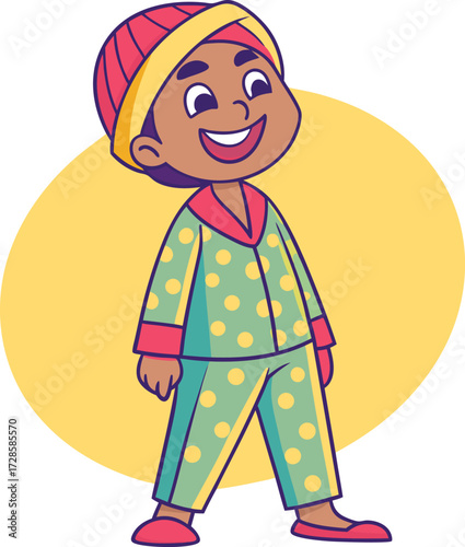 Happy cartoon boy wearing green pajamas with pink trim and a matching headscarf standing against a yellow oval background smiling joyfully