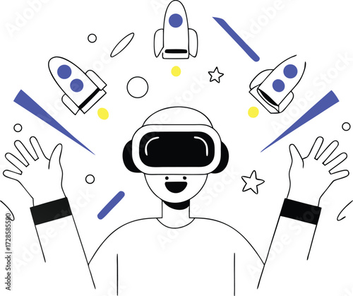 Futuristic person wearing vr headset experiencing immersive virtual reality with rockets and stars in a digital universe