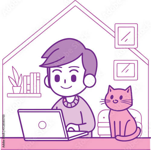 A cheerful young person works on a laptop computer at home with a cute cat sitting nearby illustrating remote work and a cozy domestic environment