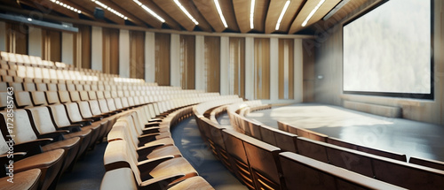 Interior of auditorium with rows of seating facing a blank screen provides an opportunity