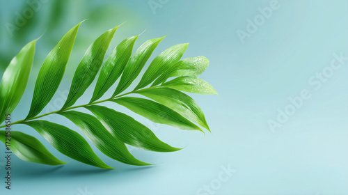 Single green tropical leaf on plain pastel background