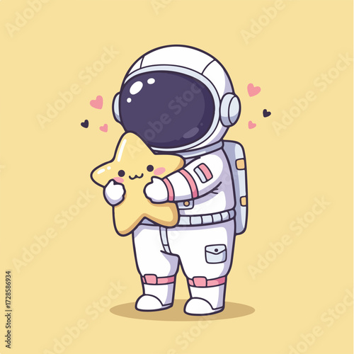 A cute cartoon astronaut in a white spacesuit tenderly embraces a smiling yellow star, surrounded by small pink hearts.