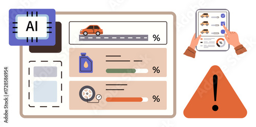 Interactive AI dashboard tracks car mileage, oil, and tire pressure levels, highlighting alerts. Ideal for automotive safety, predictive maintenance, AI, data analysis, efficiency technology simple