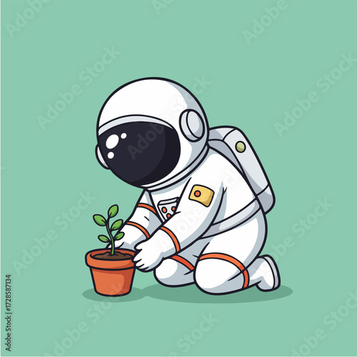 A whimsical cartoon astronaut gently tending to a small potted plant, symbolizing growth and exploration in an unlikely environment.