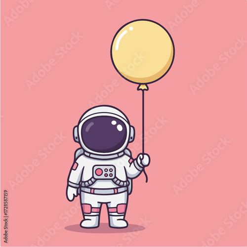 A cute cartoon astronaut in a spacesuit holding a single yellow balloon against a pink background.
