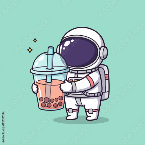 A cartoon astronaut happily holding a large cup of bubble tea with a straw.