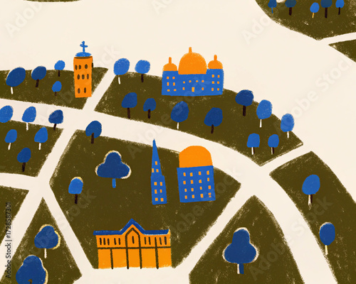 Vector game background. Landscape orientation. Panorama with colorful city.