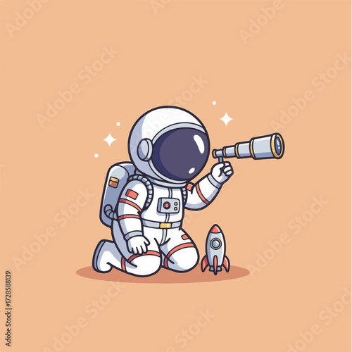 Cute cartoon astronaut kneeling and looking through a telescope next to a rocket.