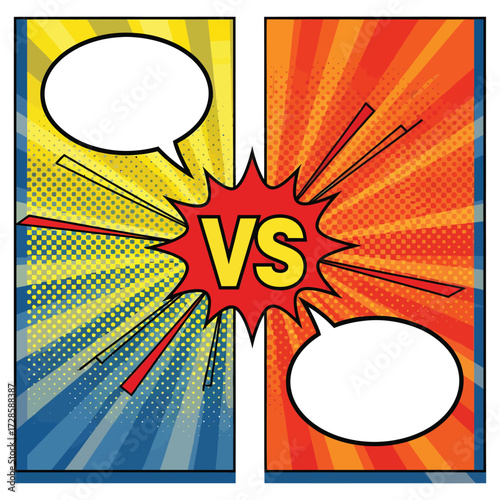 Dynamic comic book style battle scene with vibrant colors and speech bubbles for ultimate showdowns and competitions