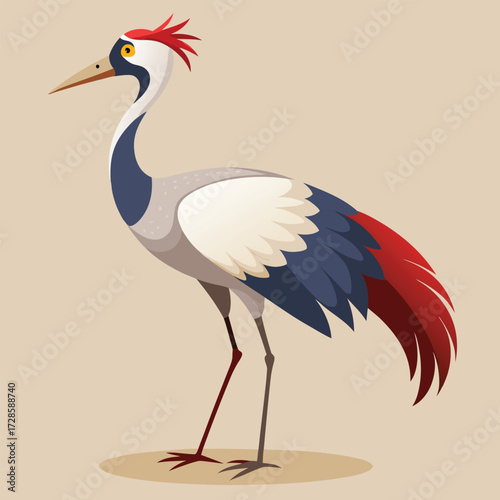 Colorful Cartoon Illustration of a Red- Crowned Crane Bird Standing vector