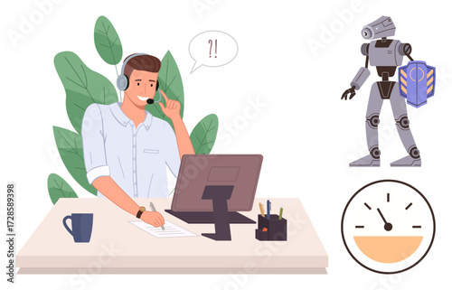 Man at desk communicating with AI assistant, surrounded by productivity tools and data. Ideal for teamwork, innovation, technology, automation, communication, efficiency, simple flat metaphor