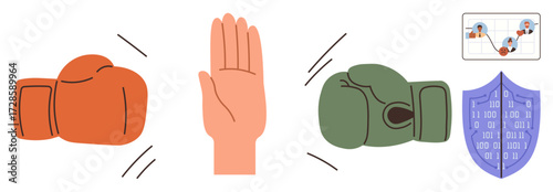 Boxing gloves clashing, open hand gesture for truce, data shield representing cybersecurity, and teamwork chart. Ideal for conflict management, negotiation, alliance building, protection