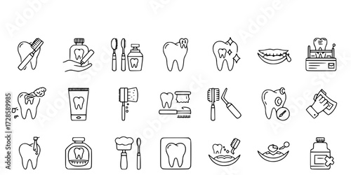 Teeth cleaning editable stroke outline icons set isolated on white background flat vector illustration. Pixel perfect. 64 x 64.
