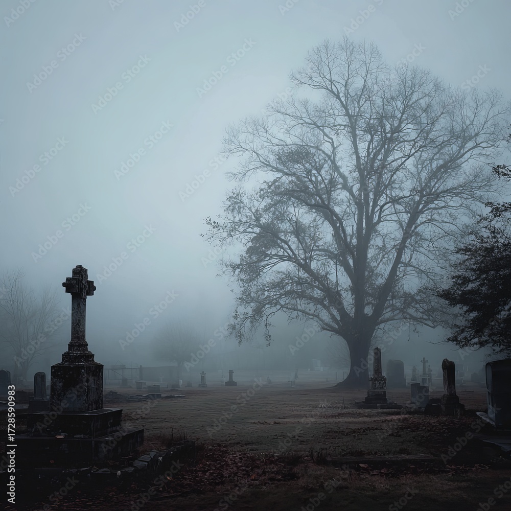 Fototapeta premium Misty Graveyard with Bare Trees and Gothic Tombstones in Foggy Autumn