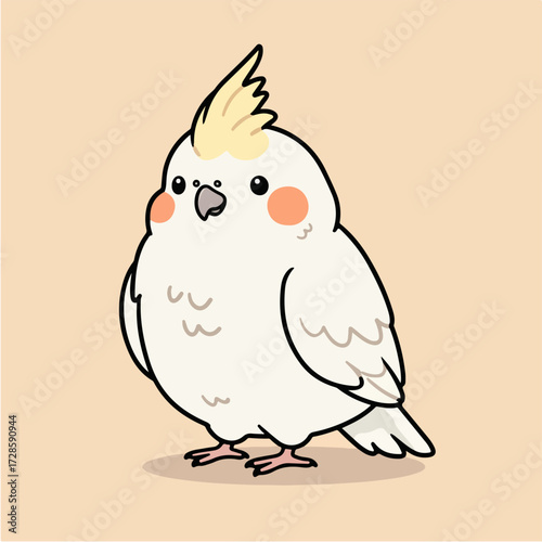 Illustration of a cute, chubby, white cockatiel with yellow crest and rosy cheeks standing against a beige background.